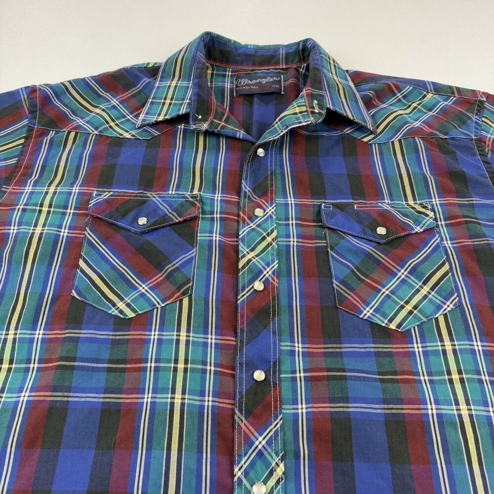 Vintage Wrangler Pearl Snap Shirt X Long Tails Mens 17.5 Plaid Short Sleeve